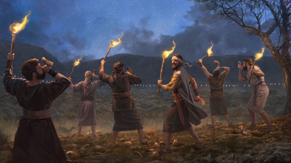 Gideon a jeho muži drží v levé ruce pochodeň a v pravé ruce roh. U nohou jim leží rozbité džbány.