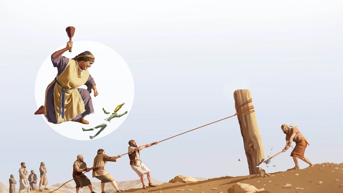 Izraelští muži boří posvátný kůl a někteří lidé to pozorují. Vložený obrázek: Žena rozbíjí malou sošku na kousky.