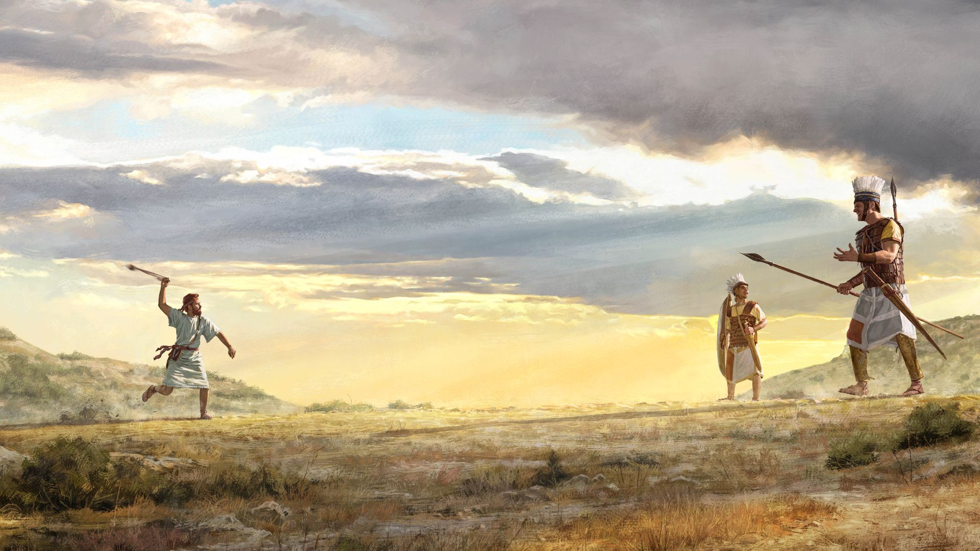 David roztáčí v praku nad hlavou kámen a běží ke Goliášovi. Goliáš, který má po boku zbrojnoše, se blíží k Davidovi a vysmívá se mu.