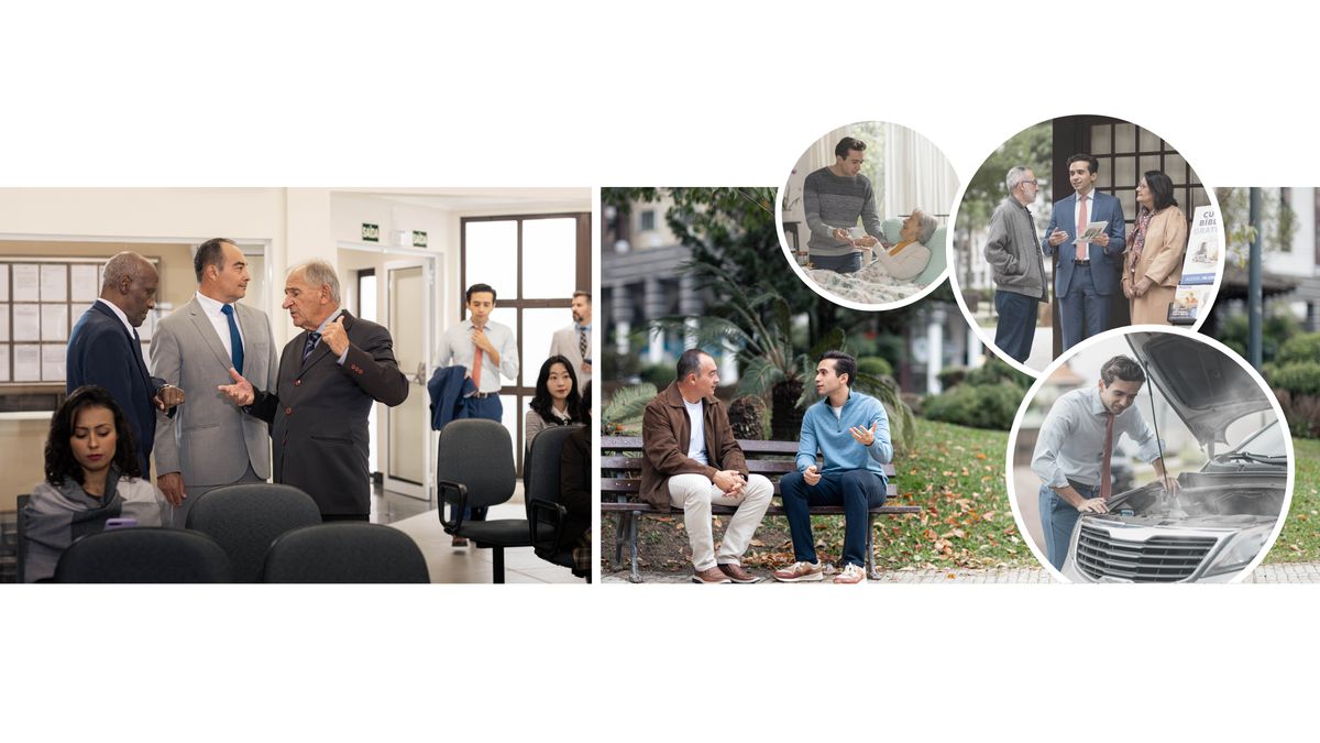 Koláž: Sborový starší si zjistí fakta, dřív než si o mladém bratrovi udělá nesprávný obrázek. Koláž je dál rozdělená do dvou samostatných obrázků.