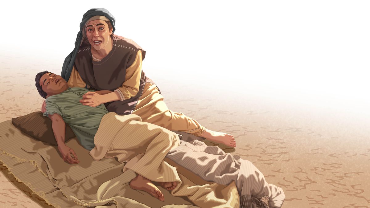 Vdova z Carefatu drží v náruči bezvládné tělo svého syna a zoufale prosí o pomoc.