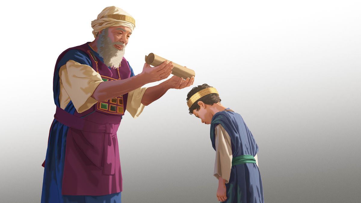 Velekněz Jehojada pokládá mladému králi Jehoašovi na hlavu svitek.