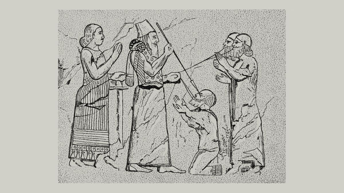 Na starověkém reliéfu je asyrský král, jak drží tři zajatce na provazech. Provazy mají přivázané k hákům ve rtech. Jednomu z nich vypichuje oštěpem oči.