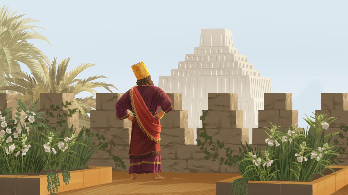 Král Nebukadnecar stojí na střeše domu a dívá se do dálky na zikkurat, který postavil.