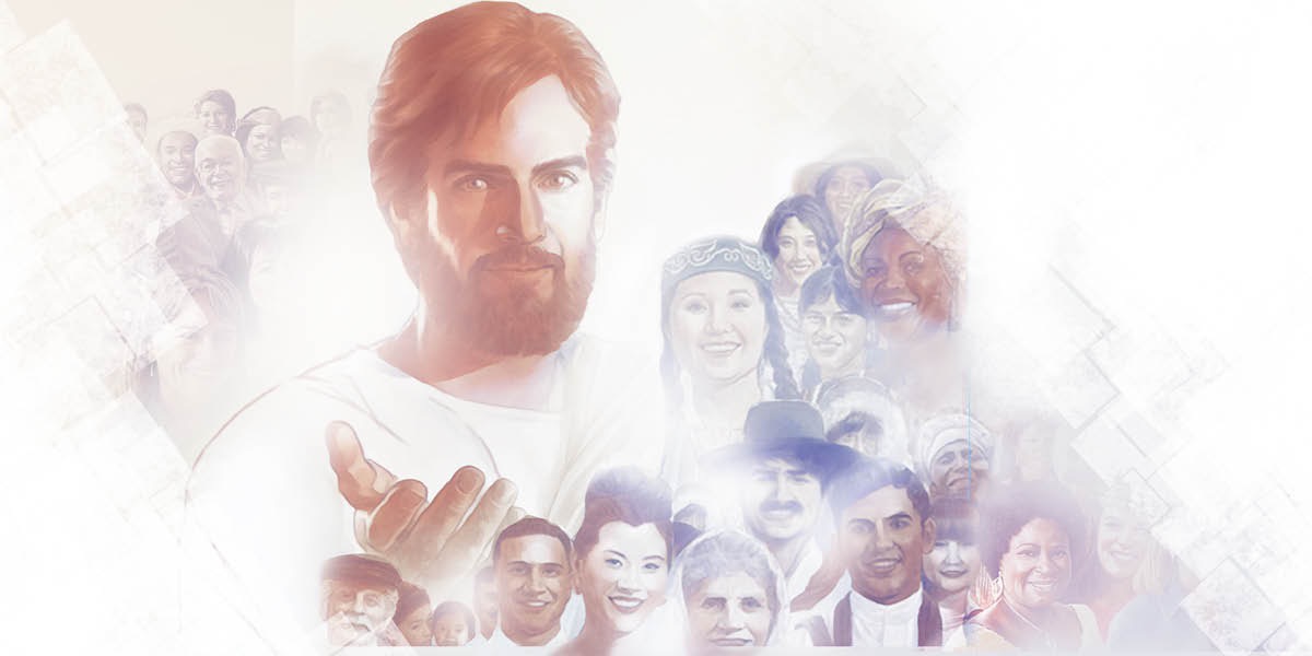 Jesús rodeado de personas de distintas nacionalidades