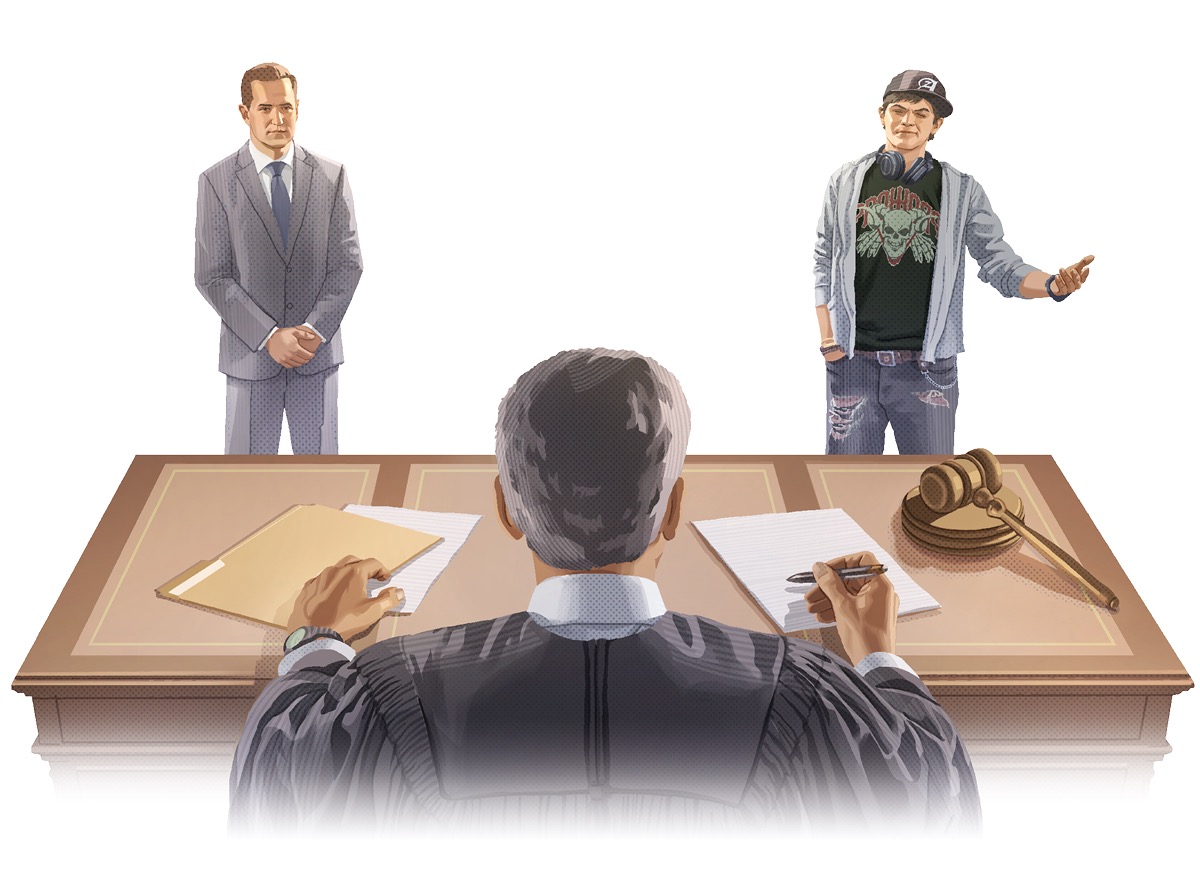两个男子在法官面前。一个穿着西装；另一个穿得很随便，他戴着棒球帽，穿着有破洞的休闲服。