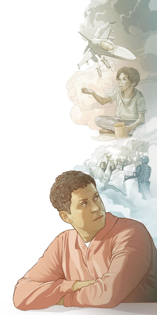 一个人正在深思，他周遭的世界充满战争、粮荒和不法的事，这些事表明圣经的预言的确应验了。