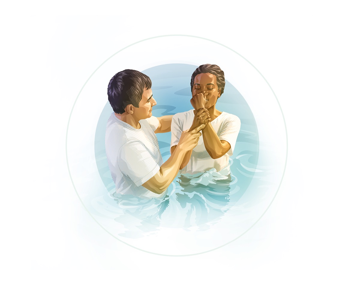 B. La misma mujer bautizándose para ser testigo de Jehová. La sumergen completamente en agua.