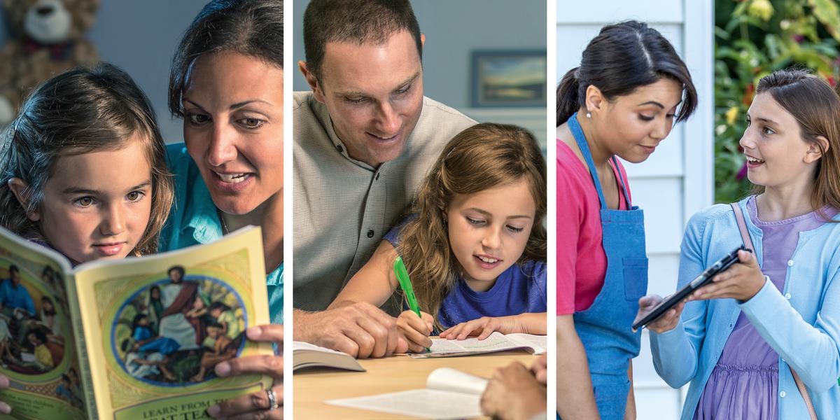 Ilustraciones de unos padres educando a su hija desde pequeñita: 1. La mamá estudia con su niña el libro “Aprendamos del Gran Maestro”. 2. Unos años más tarde, el padre estudia con su hija un artículo de “La Atalaya”. 3. Años después, la hija predica de casa en casa y habla con una mujer.