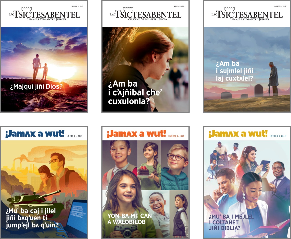 Foto tac baqui miʼ pʌs i portadajlel jiñi revista Lac Tsictesʌbentel yicʼot ¡Jamʌx a wut! chaʼan 2019: 1. ¿Majqui jiñi Dios? 2. ¿Am ba i cʼʌjñibal cheʼ cuxulonla? 3. ¿Am ba i sujmlel jiñi laj cuxtʌlel? 4. ¿Muʼ ba caj i jilel jiñi bʌqʼuen ti jumpʼejl bʌ qʼuin? 5. Yom bʌ miʼ cʌn a walobilob. 6. ¿Muʼ ba i mejlel i coltañet jiñi Biblia?