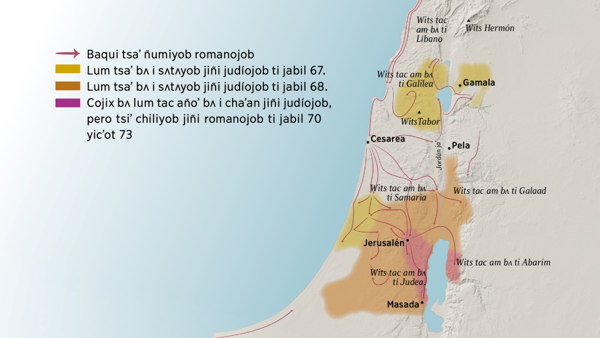 Mapa muʼ bʌ i pʌs jiñi wits yicʼot tejclum tac am bʌ ti Israel cheʼ ti ñaxam bʌ siglo. Tiʼ chañelal Jerusalén yaʼan jiñi wits am bʌ ti Líbano, ti Galilea, ti Samaria yicʼot ti Galaad, jiñi wits Hermón yicʼot jiñi wits Tabor, yaʼan jaʼel jiñi tejclum Gamala, Cesarea yicʼot Pela. Tiʼ yentʌlel Jerusalén yaʼan jiñi wits tac chaʼan Judea, Abarim yicʼot jiñi tejclum Masada. Jiñi mapa miʼ pʌs jaʼel baqui tsaʼ ñumiyob jiñi romanojob yicʼot baqui bʌ tejclum tsaʼ chilbentiyob jiñi judíojob cheʼ ti jabil 67 yicʼot 73.
