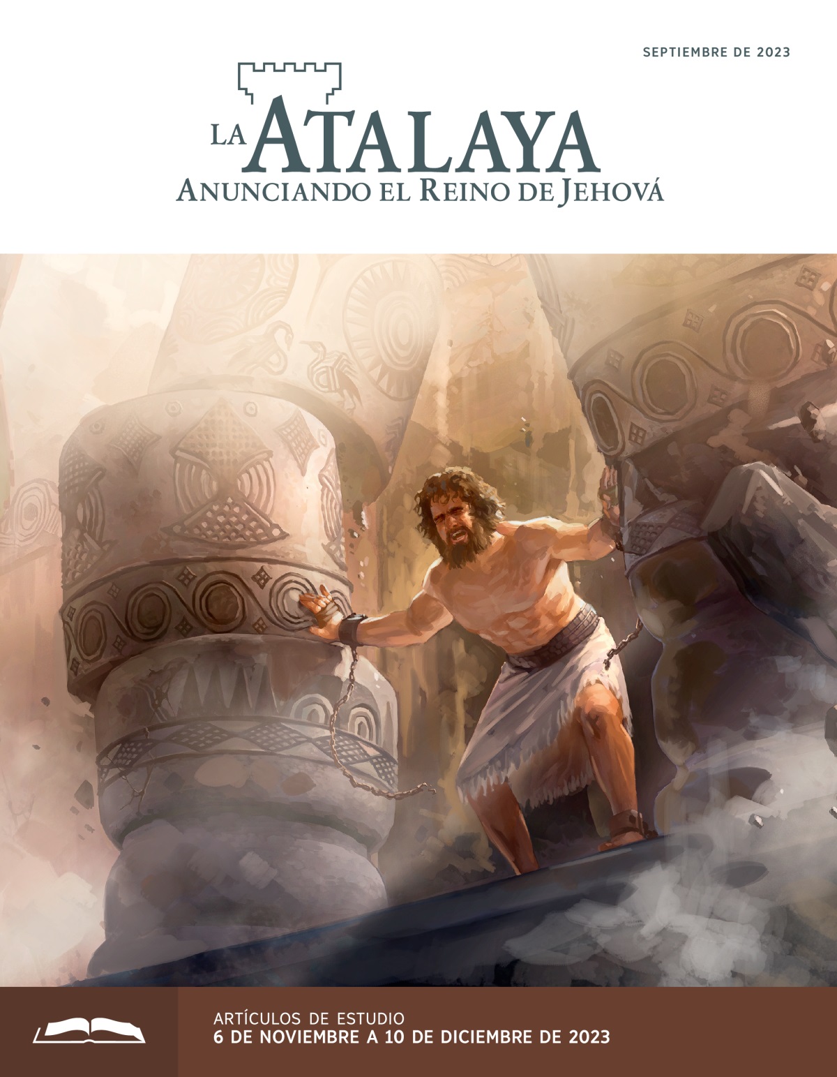 Sansón empuja dos columnas con todas sus fuerzas, y el edificio se viene abajo.