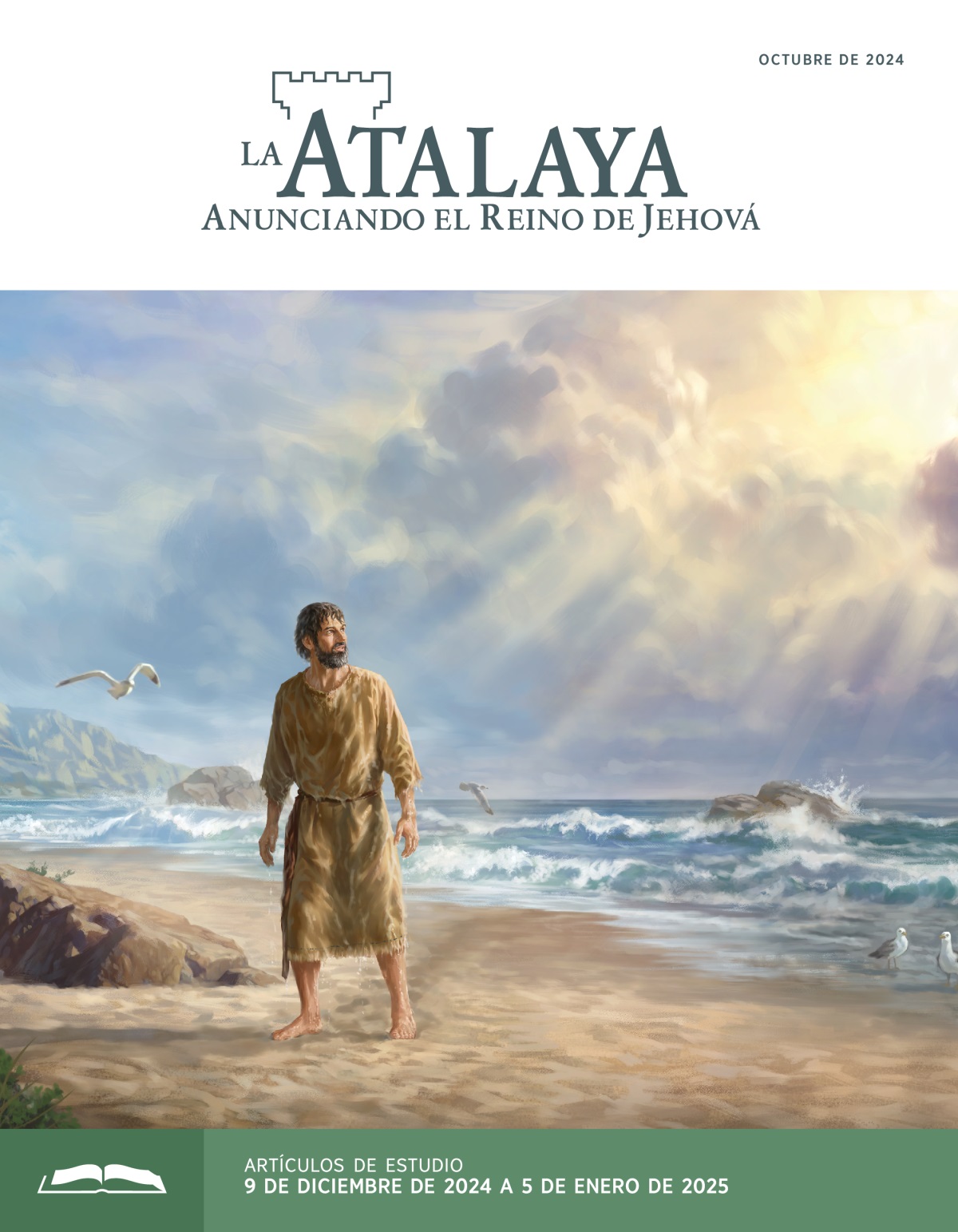 El profeta Jonás de pie en la orilla del mar, mirando hacia el cielo. Está empapado.