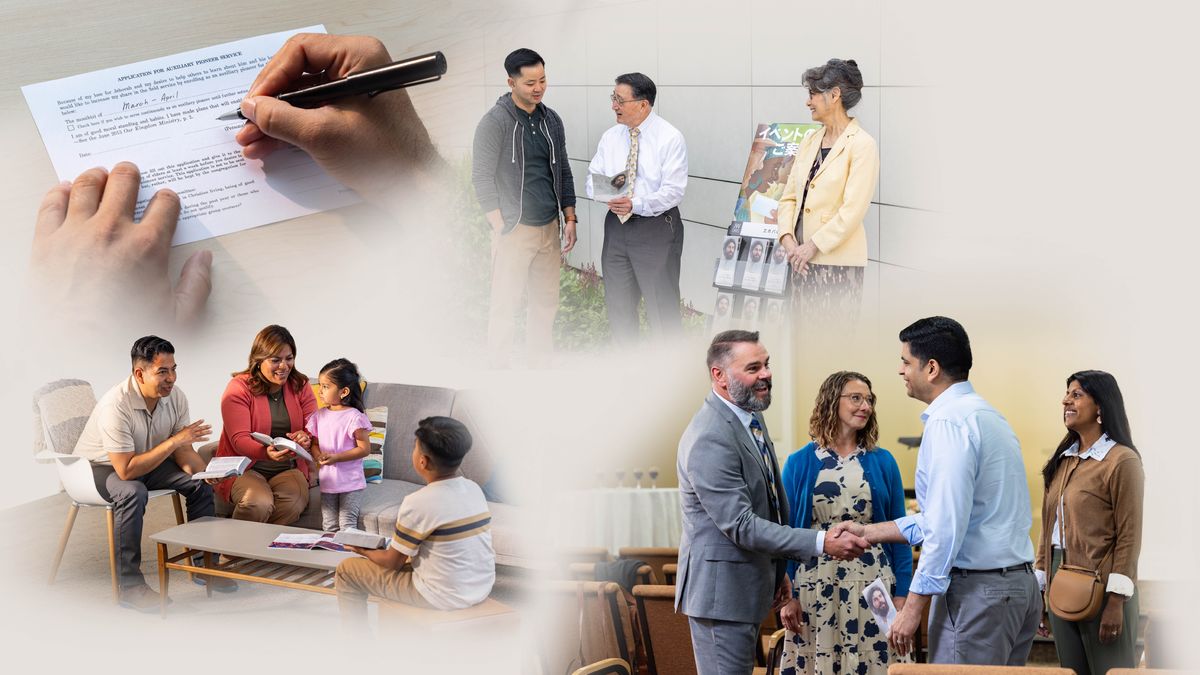 Imágenes de formas de agradecer el amor de Jehová: 1. Un publicador llena la solicitud para ser precursor auxiliar. 2. Un padre tiene la adoración en familia con su esposa y sus dos hijos. 3. Un matrimonio predica con los carritos. El esposo le ofrece a un hombre una invitación a la Conmemoración. 4. Un matrimonio les da la bienvenida a unos invitados a la Conmemoración.