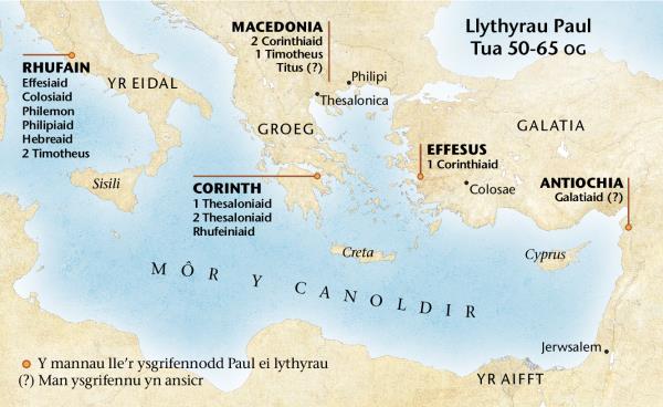 Map o lefydd lle roedd Paul yn ysgrifennu llythyrau