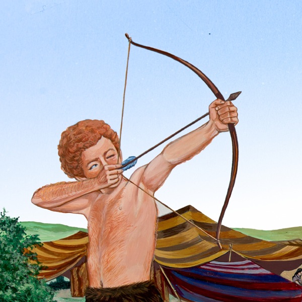 Esau ifanc yn ymarfer defnyddio bwa a saeth