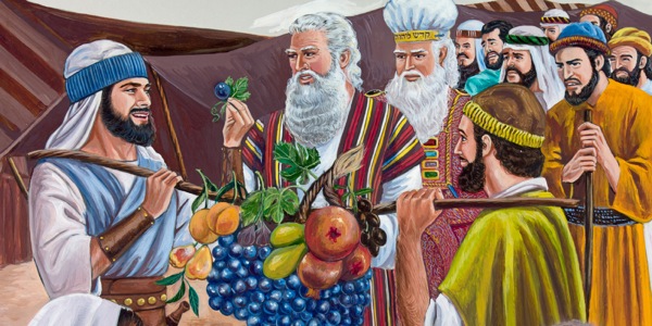 Josua a Caleb a’r ysbïwyr eraill yn dangos i Moses ffrwyth hyfryd o Canaan