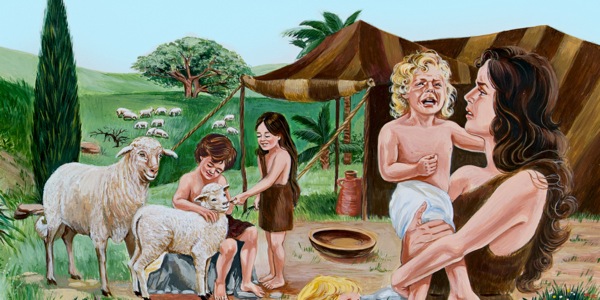 Efa â’i phlant y tu allan i ardd Eden