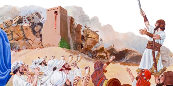 Mae Josua yn arwain yr Israeliaid sy’n gweiddi a chwythu cyrn tra bod muriau Jericho yn disgyn