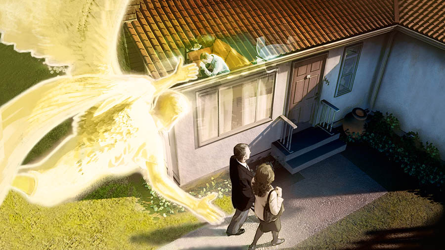 Angel yn arwain cwpl sydd wrthi’n pregethu at dŷ. Mae’r dyn sydd yn y tŷ yn gweddïo.