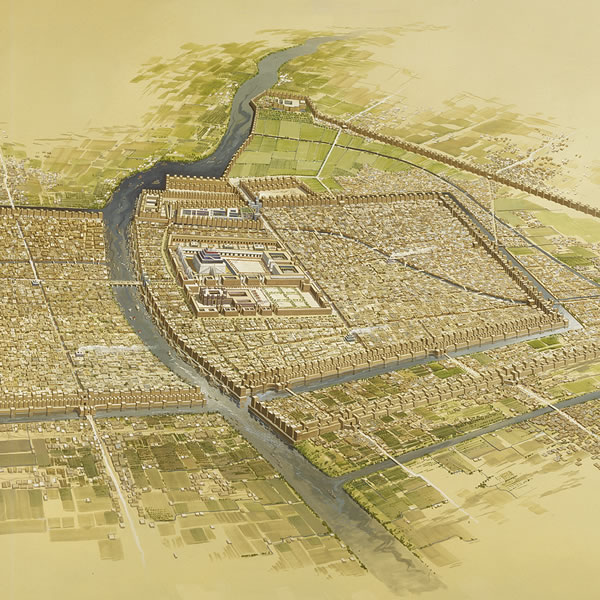 En tegning af oldtidsbyen Babylon