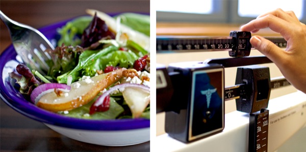 1. En sund salat; 2. En person vejer sig