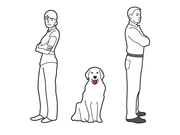 En hund sidder mellem et par der er ved at blive skilt