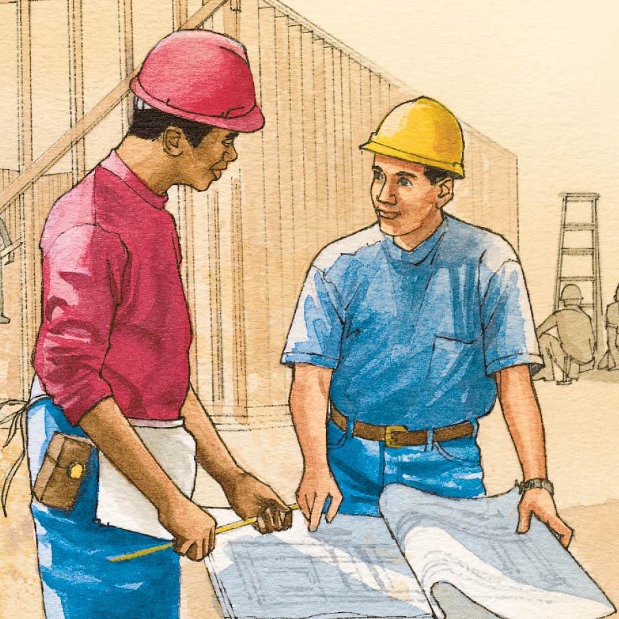 To mænd arbejder sammen på et byggeri