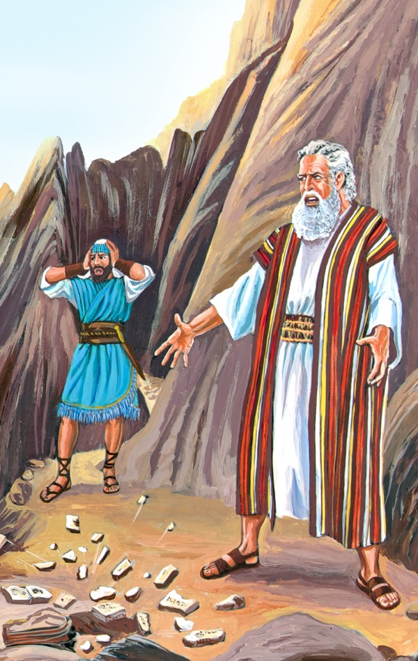 Moses slår stentavlerne med De ti bud i stykker