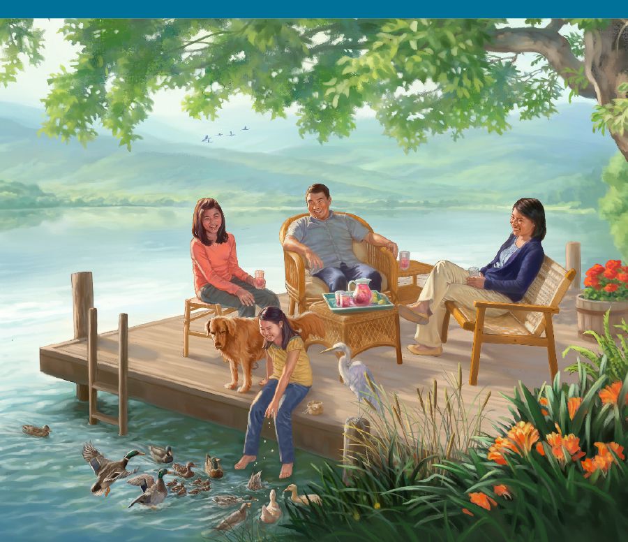 En familie der slapper af ved en sø i Paradiset.