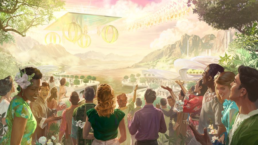 Englene i himlen og fuldkomne mennesker på jorden tilbeder glade Jehova, der sidder på sin himmelvogn.