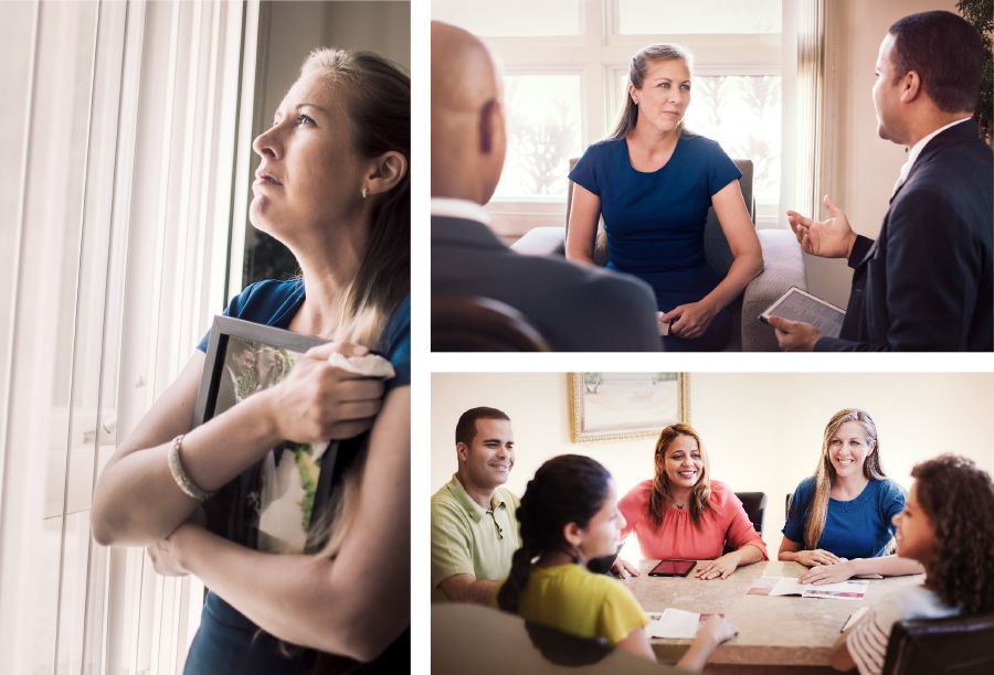 Collage: Vi er aldrig så langt væk at Jehovas kærlighed ikke kan nå os. 1. En søster der er blevet enke, kigger ud af et vindue mens hun knuger sit bryllupsbillede ind til sig. 2. To ældstebrødre trøster søsteren. 3. En familie har inviteret søsteren med til deres familiestudie.