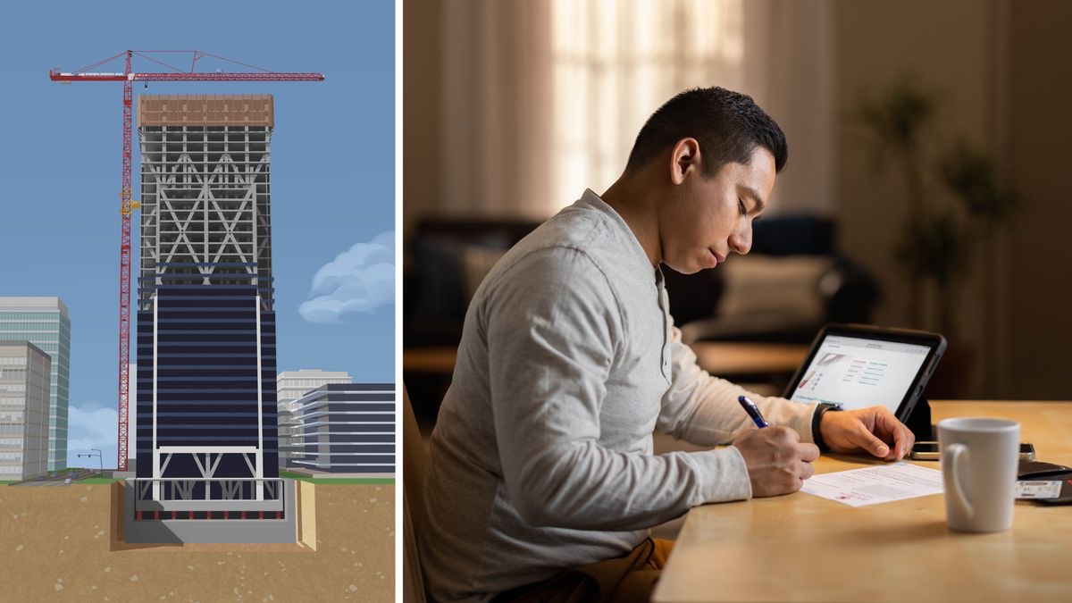 Billeder: 1. En skyskraber er ved at blive bygget på et solidt fundament. 2. En bror udfylder et forhåndsdirektiv. På hans tablet kan man se lektion 39 i “Et håb om en lys fremtid”.
