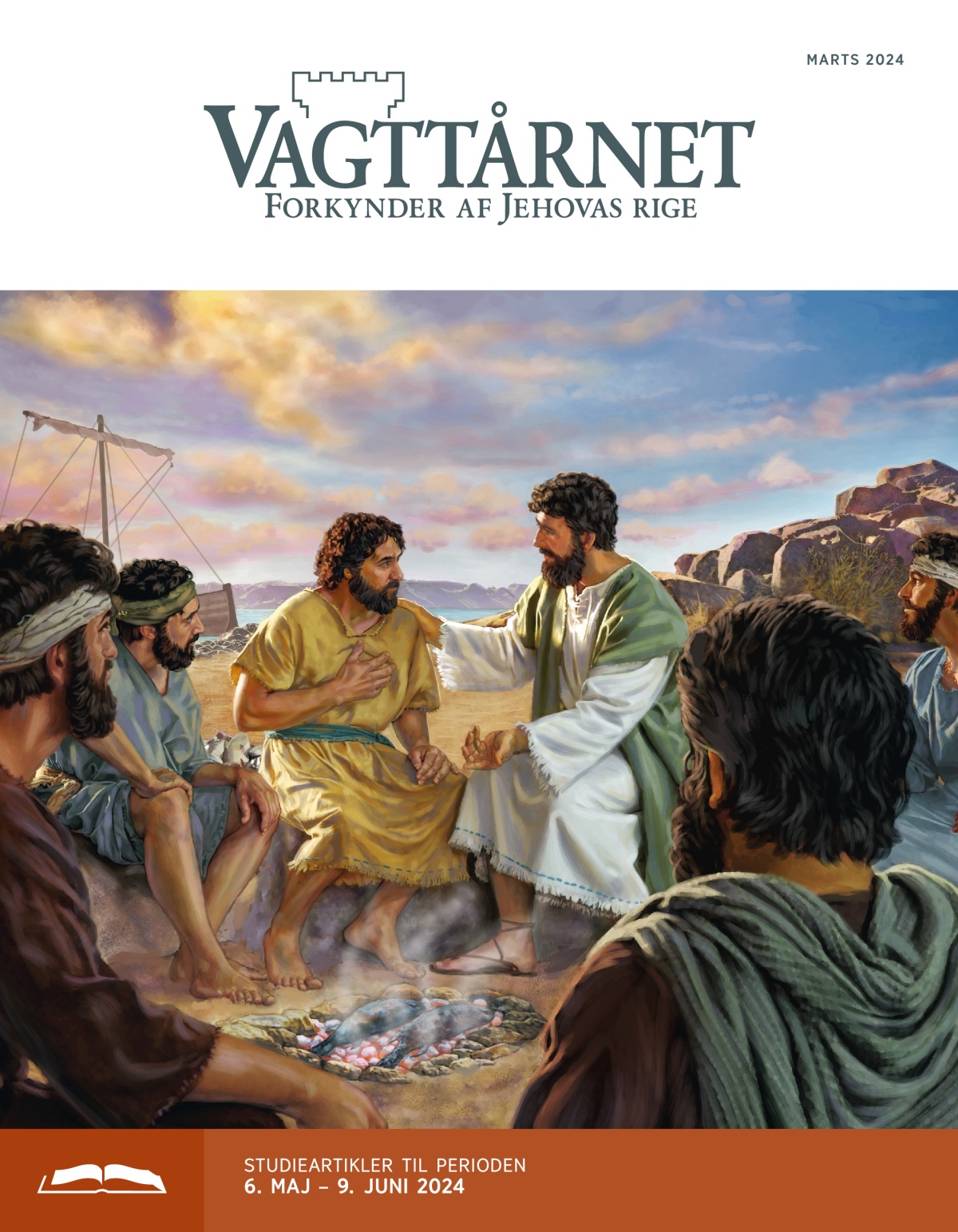 Jesus snakker med Peter mens de sidder ved et bål hvor der bliver tilberedt nogle fisk. De andre apostle lytter opmærksomt.
