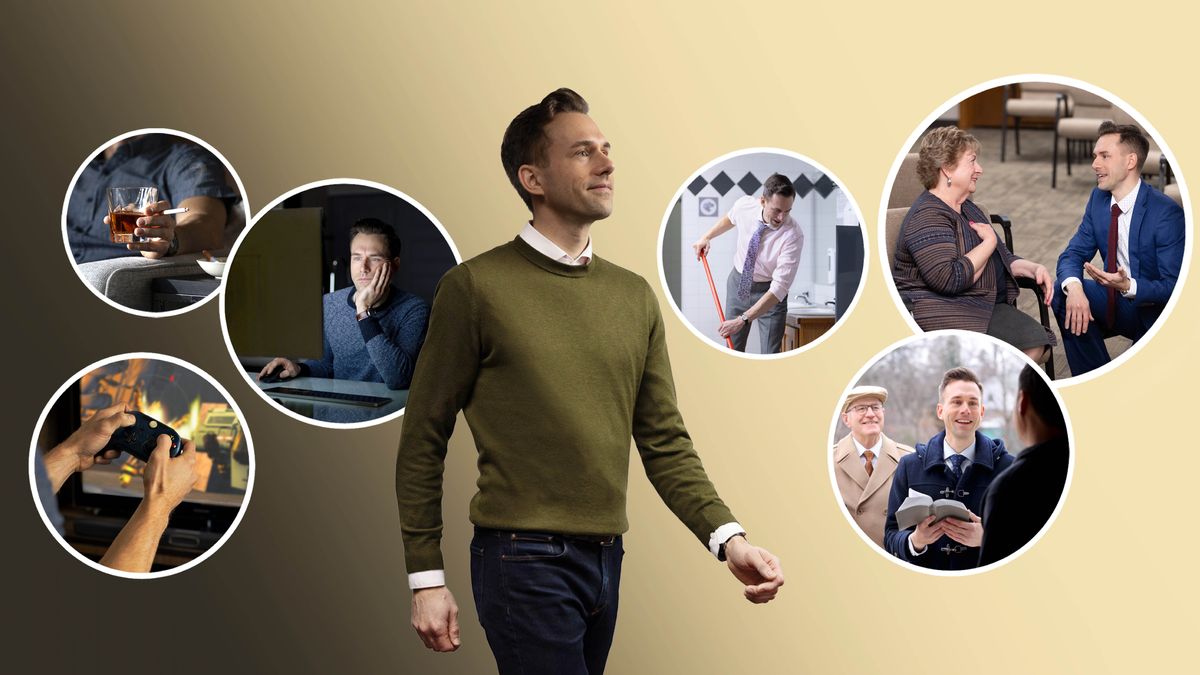 En bror går beslutsomt fremad. Collage: Billeder der illustrerer kontrasten mellem det han før har gjort, og det han gør nu. Fejl han tidligere har begået: 1. Spillede et voldeligt computerspil. 2. Drak for meget og røg. 3. Så upassende ting på sin computer. Det han gør nu: 1. Gør rent i rigssalen. 2. Taler med en ældre søster. 3. Deltager i forkyndelsen.