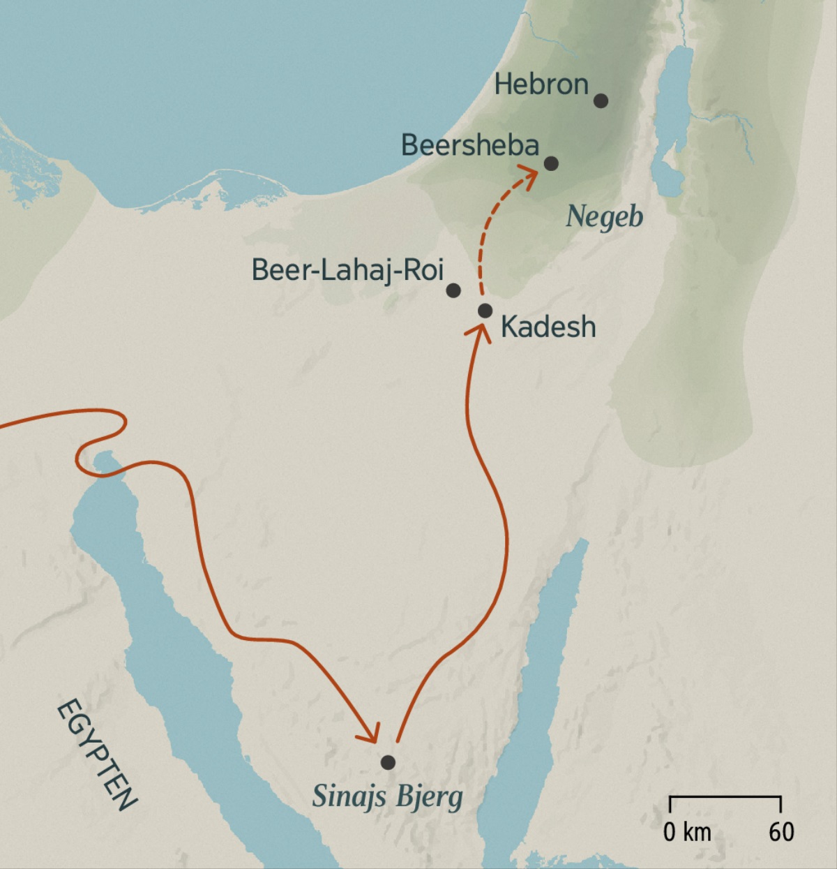 Et kort der både viser israelitternes meget lange rejse fra Egypten til Kadesh via Sinajs Bjerg og deres forholdsvist korte rejse fra Kadesh til Beersheba og Hebron i det lovede land.