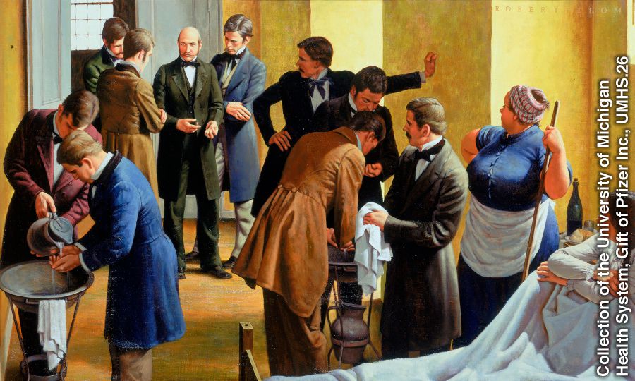 Ignaz Semmelweis kontrolliert andere beim Händewaschen