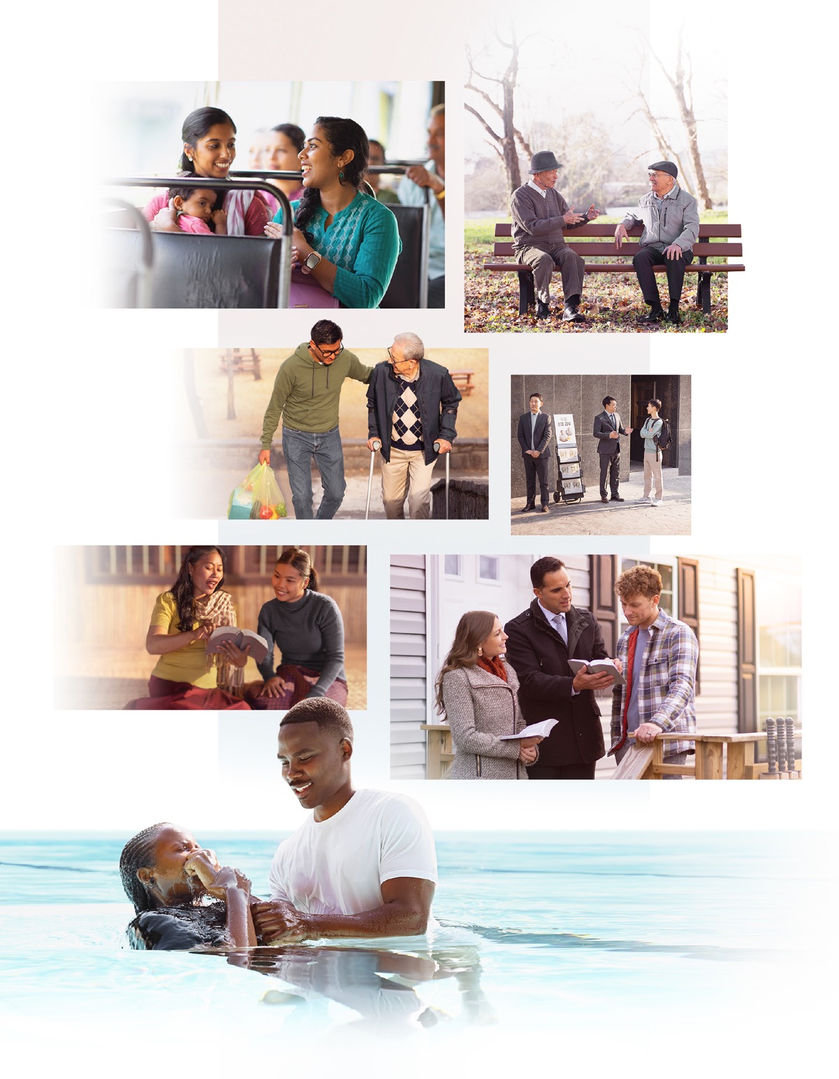 Collage: Szenen, in denen Zeugen Jehovas anderen predigen und Liebe zeigen. 1. Eine Schwester unterhält sich im Bus mit einer jungen Mutter. 2. Ein älterer Bruder unterhält sich auf einer Parkbank mit einem Mann. 3. Ein junger Bruder trägt einem älteren Herrn den Einkauf. 4. Ein Bruder unterhält sich am Trolley mit einem jungen Mann. 5. Eine Schwester liest einer jungen Frau aus der Bibel vor. 6. Ein Ehepaar im Haus-zu-Haus-Dienst liest einem Mann aus der Bibel vor. 7. Eine Schwester bei ihrer Taufe.