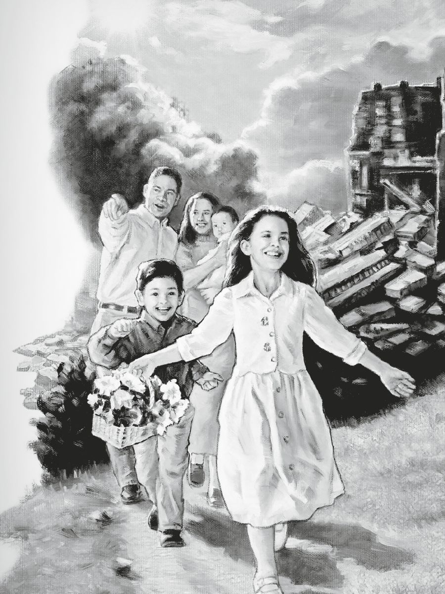 Eine Familie kommt aus der alten Welt in Gottes neue Welt