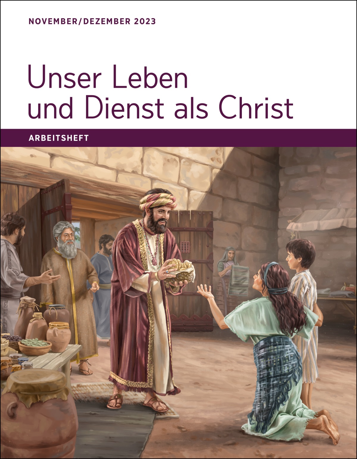 Hiob gibt am Stadttor einer bedürftigen Frau und ihrem Sohn Lebensmittel.