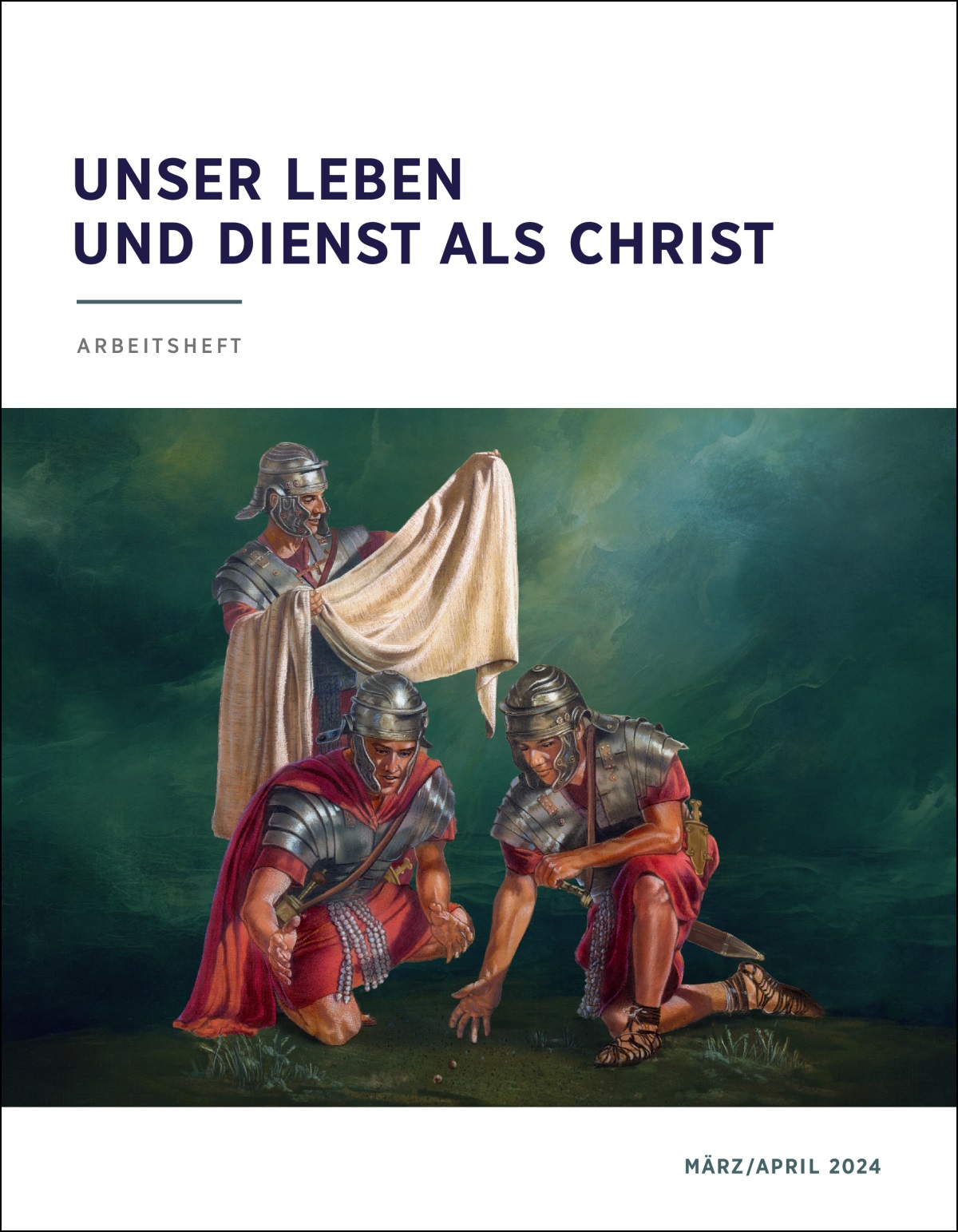 Ein römischer Soldat sieht sich Jesu Gewänder genau an. Zwei weitere Soldaten werfen Lose darum.
