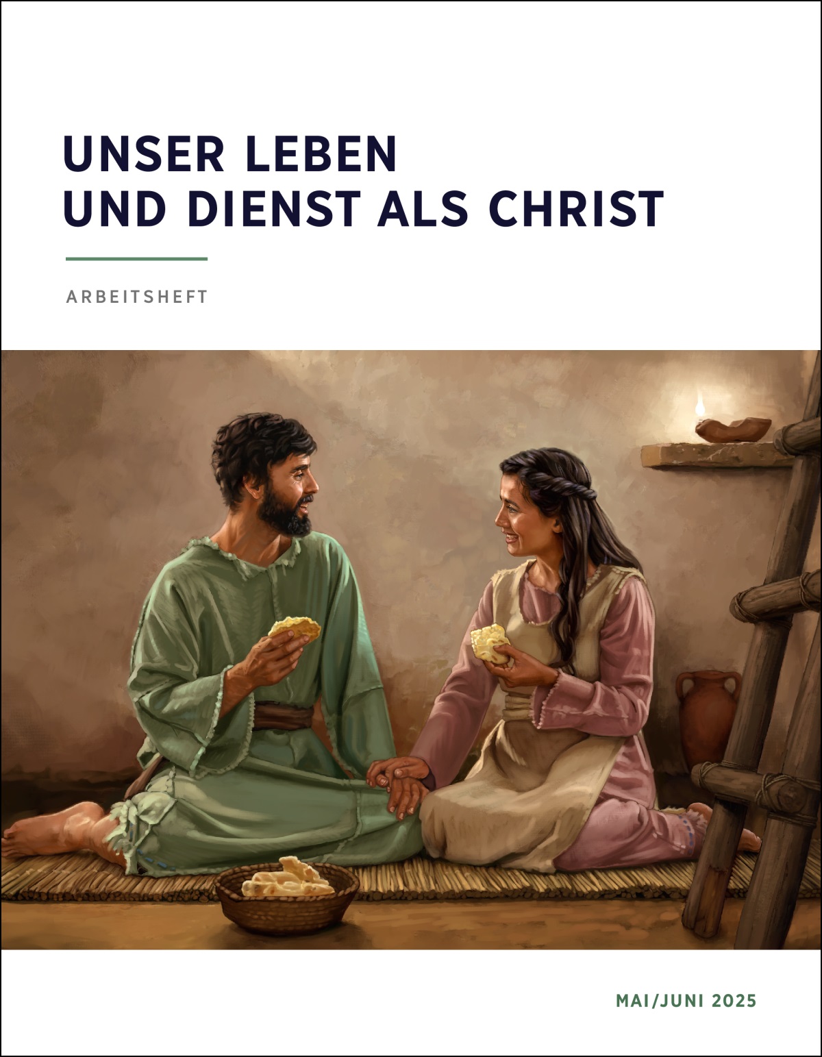 Ein Ehepaar aus dem alten Israel lebt in einem bescheidenen Zuhause und isst zusammen Brot.
