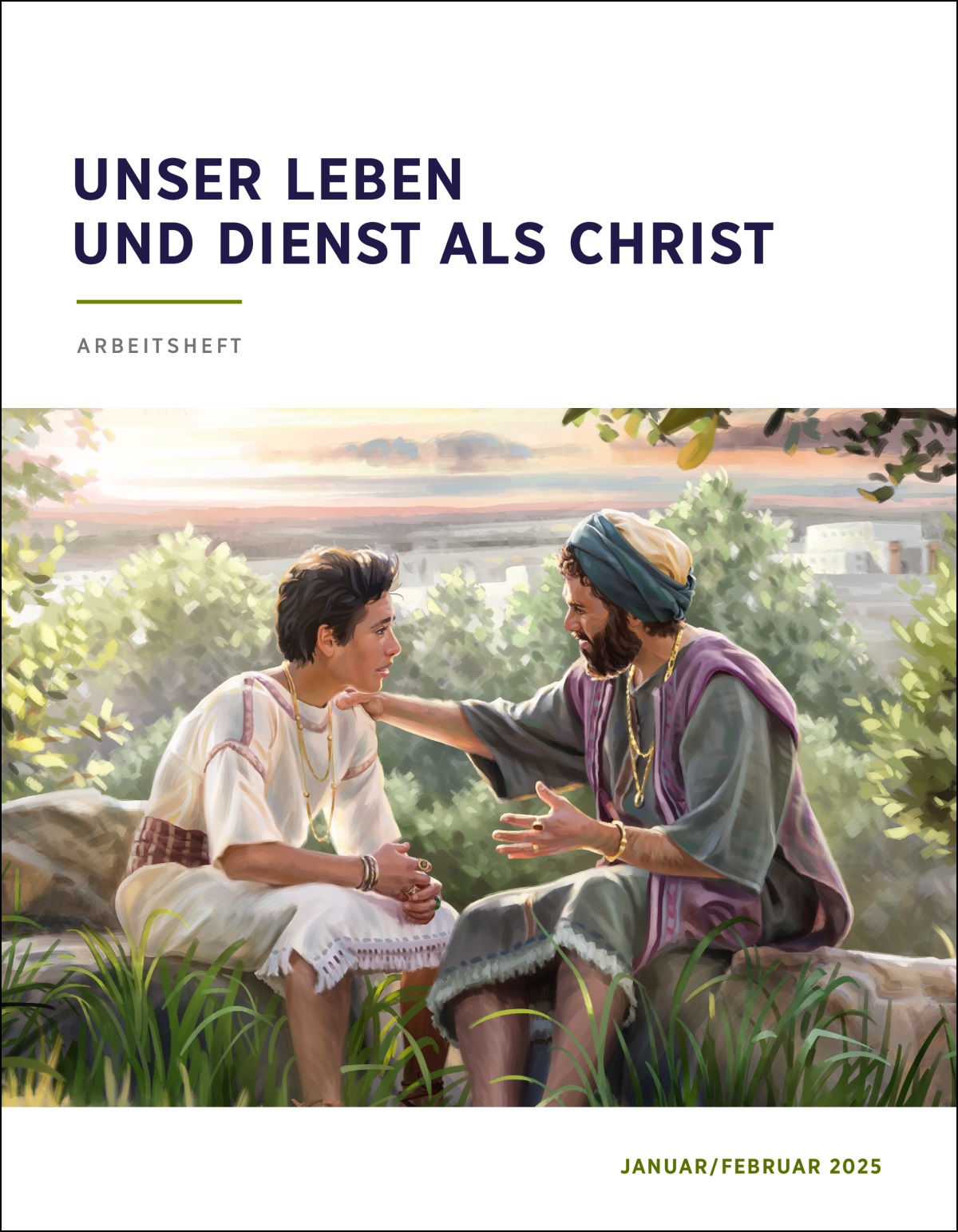 König Salomo sitzt mit seinem Sohn im Freien und gibt ihm einen liebevollen Rat.