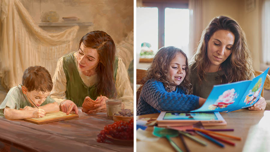 Verschiedene Szenen: 1. Maria hilft dem kleinen Jesus, eine Schriftstelle auf eine Tafel zu schreiben. 2. Eine Mutter nutzt eine Veröffentlichung für Kinder, um ihrer Tochter etwas aus Gottes Wort beizubringen.