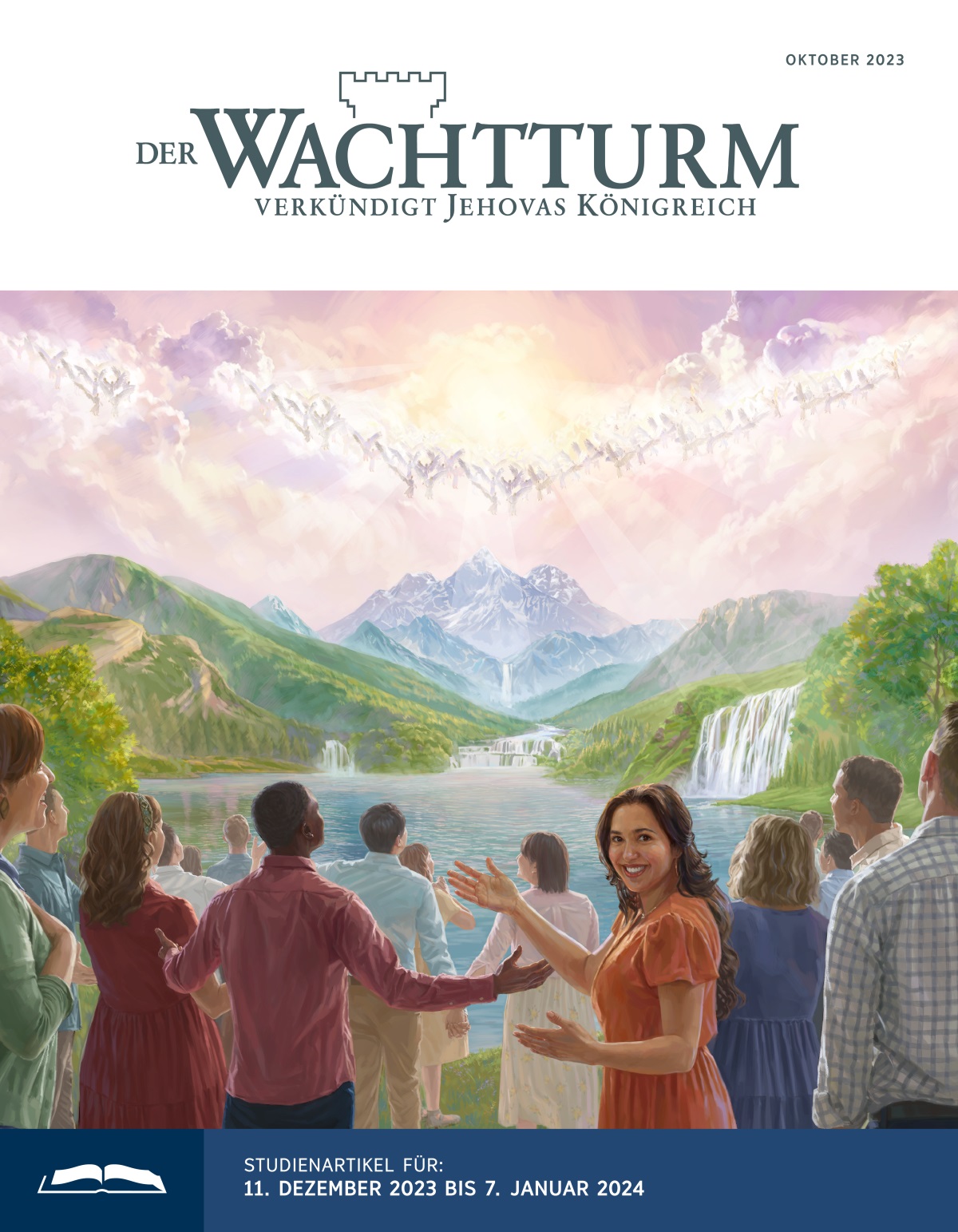 Engel im Himmel und Menschen im Paradies auf der Erde preisen Jehova gemeinsam voller Freude.