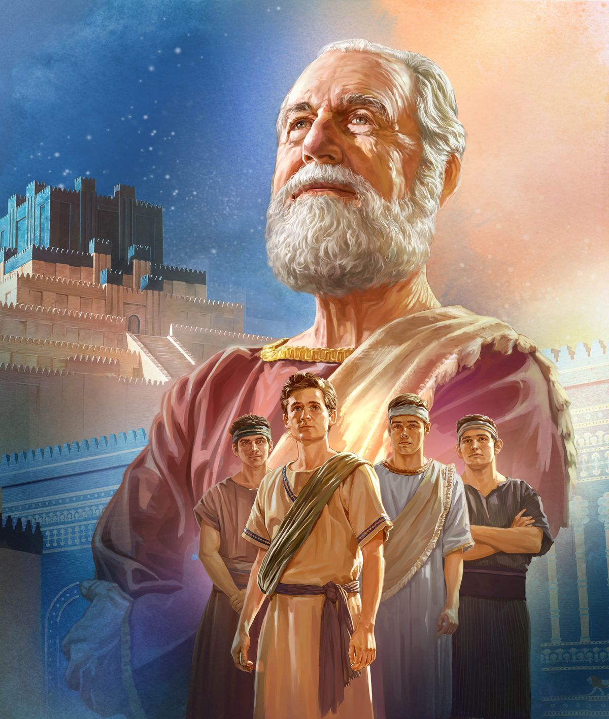 Collage: 1. Der Prophet Daniel in hohem Alter. 2. Das alte Babylon. 3. Der junge Daniel mit seinen drei hebräischen Freunden.