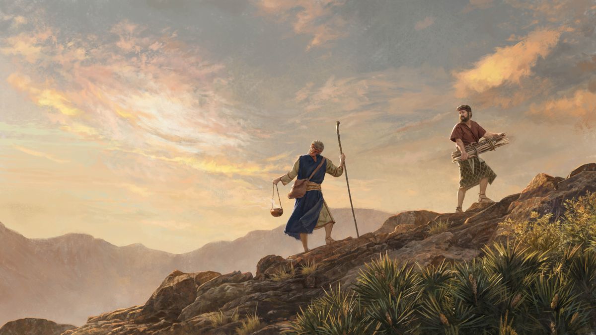 Abraham und Isaak steigen auf einen Berg. Abraham trägt ein Gefäß mit glühenden Kohlen, Isaak ein Bündel Holz. Isaak dreht sich zu seinem Vater um, der zum Himmel schaut.