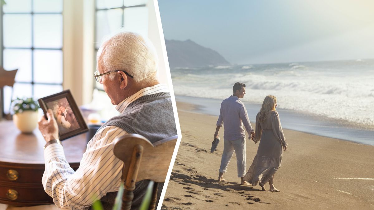Collage: 1. Ein Witwer sieht sich sein Hochzeitsbild an. 2. Er stellt sich vor, wie er im Paradies mit seiner Frau Hand in Hand am Strand spazieren geht.
