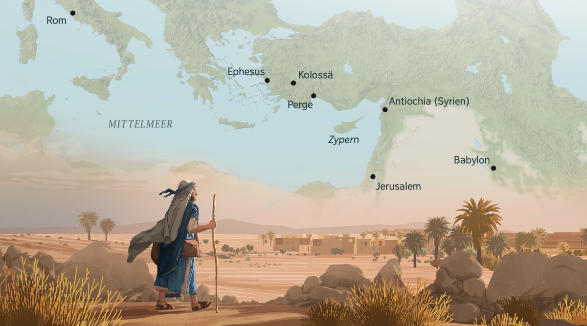 Markus geht auf eine Wüstenstadt zu. Eine Karte im Hintergrund zeigt, wo er überall gewesen sein könnte: 1. Rom, 2. Ephesus, 3. Kolossä, 4. Perge, 5. Zypern, 6. Antiochia (Syrien), 7. Jerusalem, 8. Babylon.