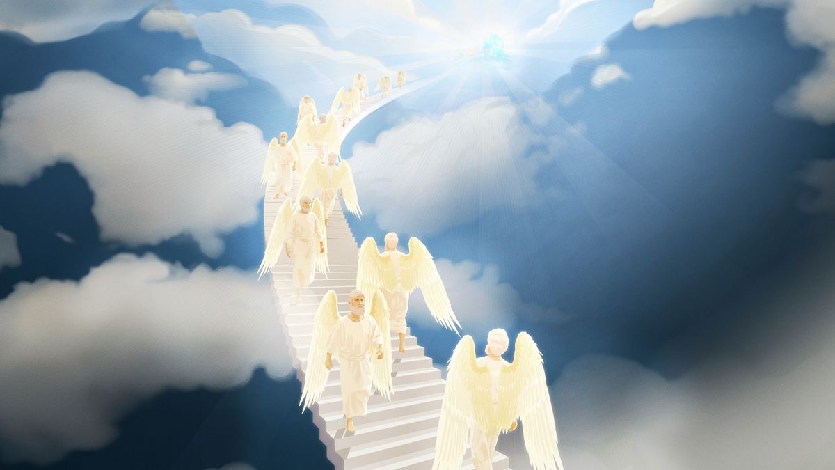 Engel gehen auf einer Treppe zwischen Himmel und Erde hinauf und hinunter.